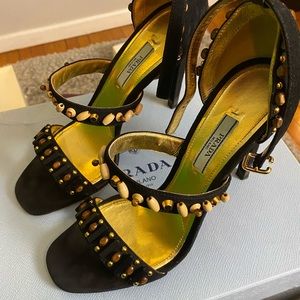 PRADA Black Suede High Heeled Sandal, Beaded Open Toe Size 38.5
